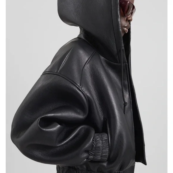 The Frankie Shop Black Leather Hooded Bomber Jacket - Picture 4 of 4